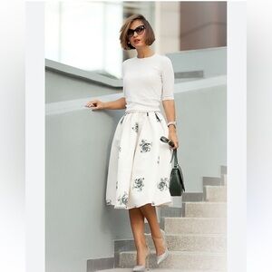 Choies Highrise Pleated Midi Cream & Black Flowy Flower Print Skirt